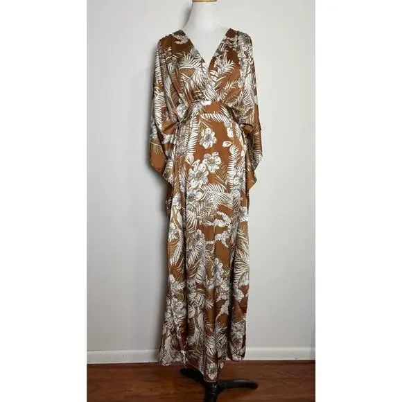 Lulus | Dresses | Lulus Take A Holiday Tan Tropical Print Maxi Dress Medium  Oversized Caftan | Poshmark